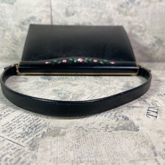 Etra Purse Vintage 1960's Black Leather French Hand painted with Pink Flowers - Picture 7 of 15